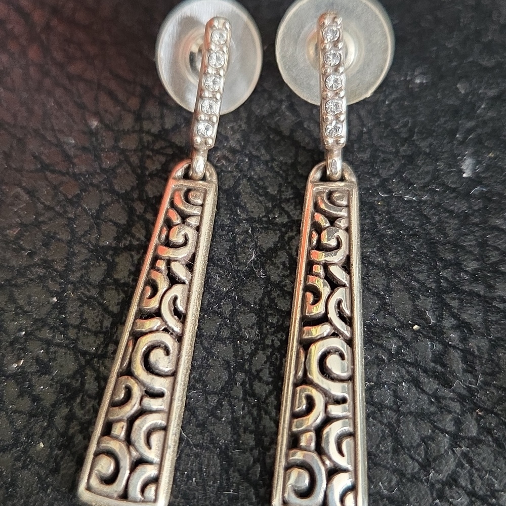 Brighton Silver Contempo Patterned Bar Drop Earrings - With Crystals - Picture 4 of 5